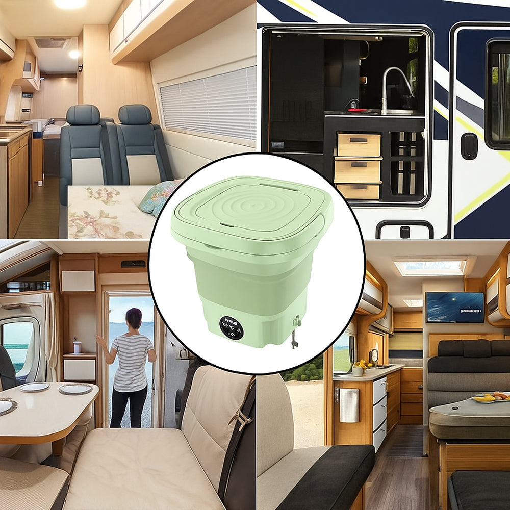 "Bærbar, sammenleggbar 9L vaskemaskin med tørkefunksjon, kompakt design, enkel å oppbevare og transportere."