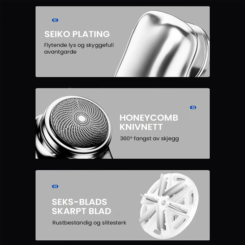 "Bærbar USB barbermaskin i stilig design, IPX7 vanntett, mini, kompakt og effektiv for både våt og tørr barbering."
