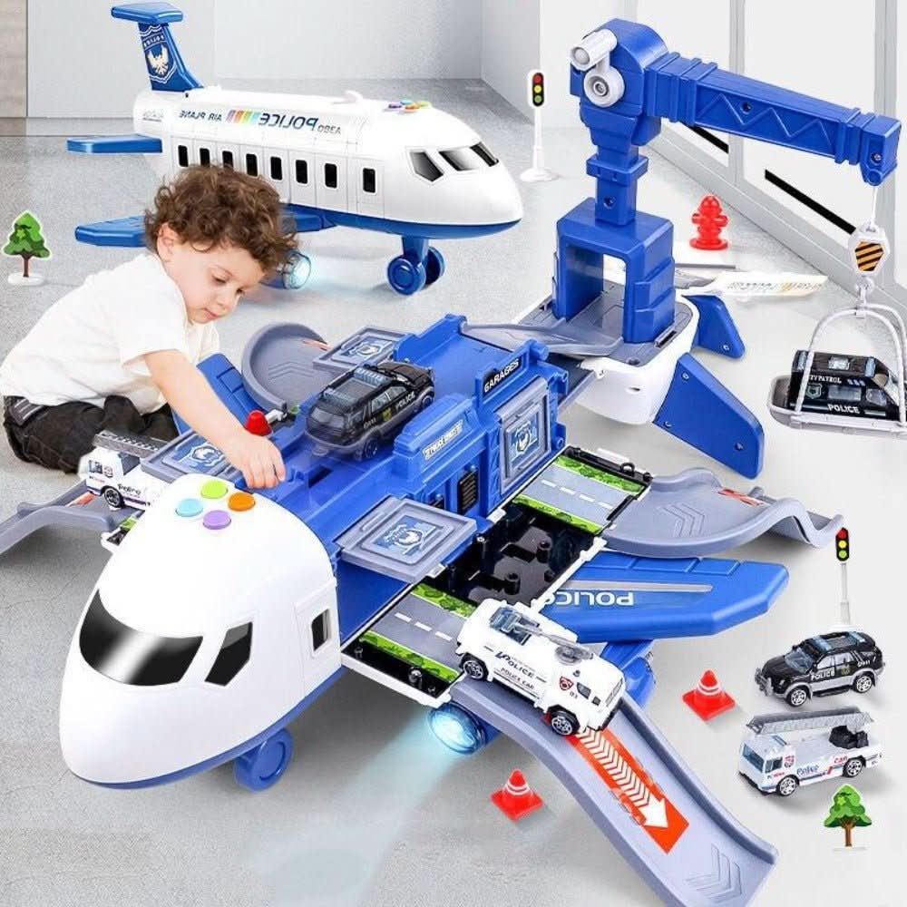 Barnas Fly- og Kjøretøysett med fargerike leketøyfly og kjøretøy for fantasifull lek, sett fra front.