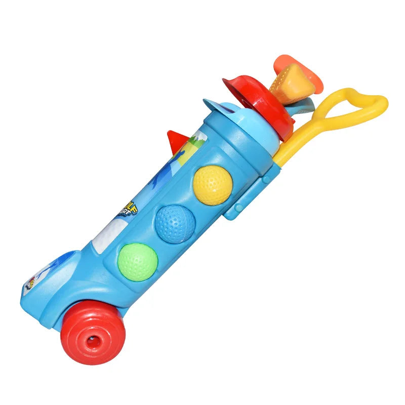 Barnas golftreningssett for utendørslek med rød kølle og blå ball, perfekt for motorikk og sportsleke.