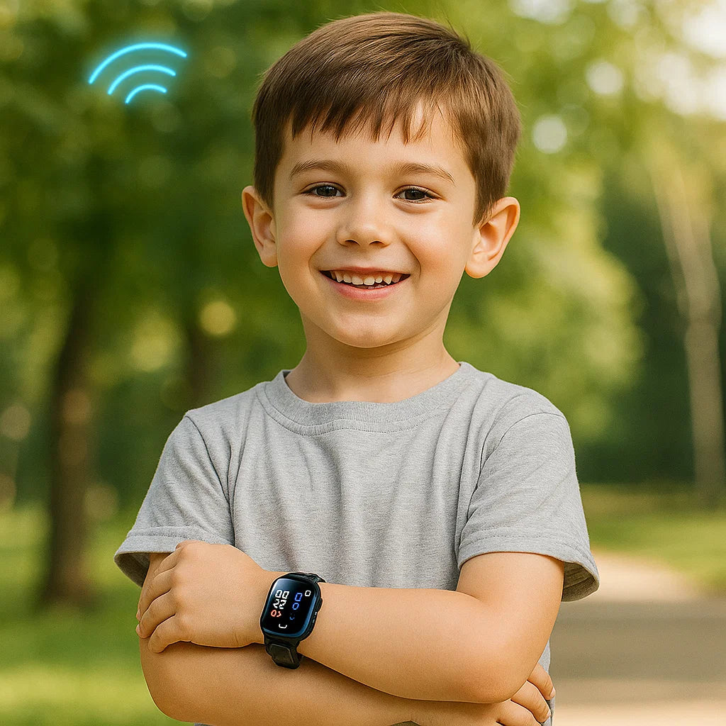 Nærbilde av barne smartklokke i blått, viser GPS-funksjon og kamera
