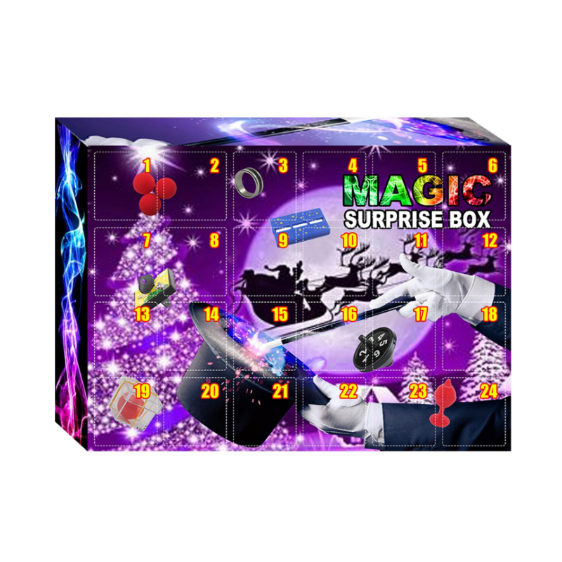 Barnas Mysterieboks adventskalender med 24 fargerike luker, perfekt for å glede barn med magiske små leker hver dag.