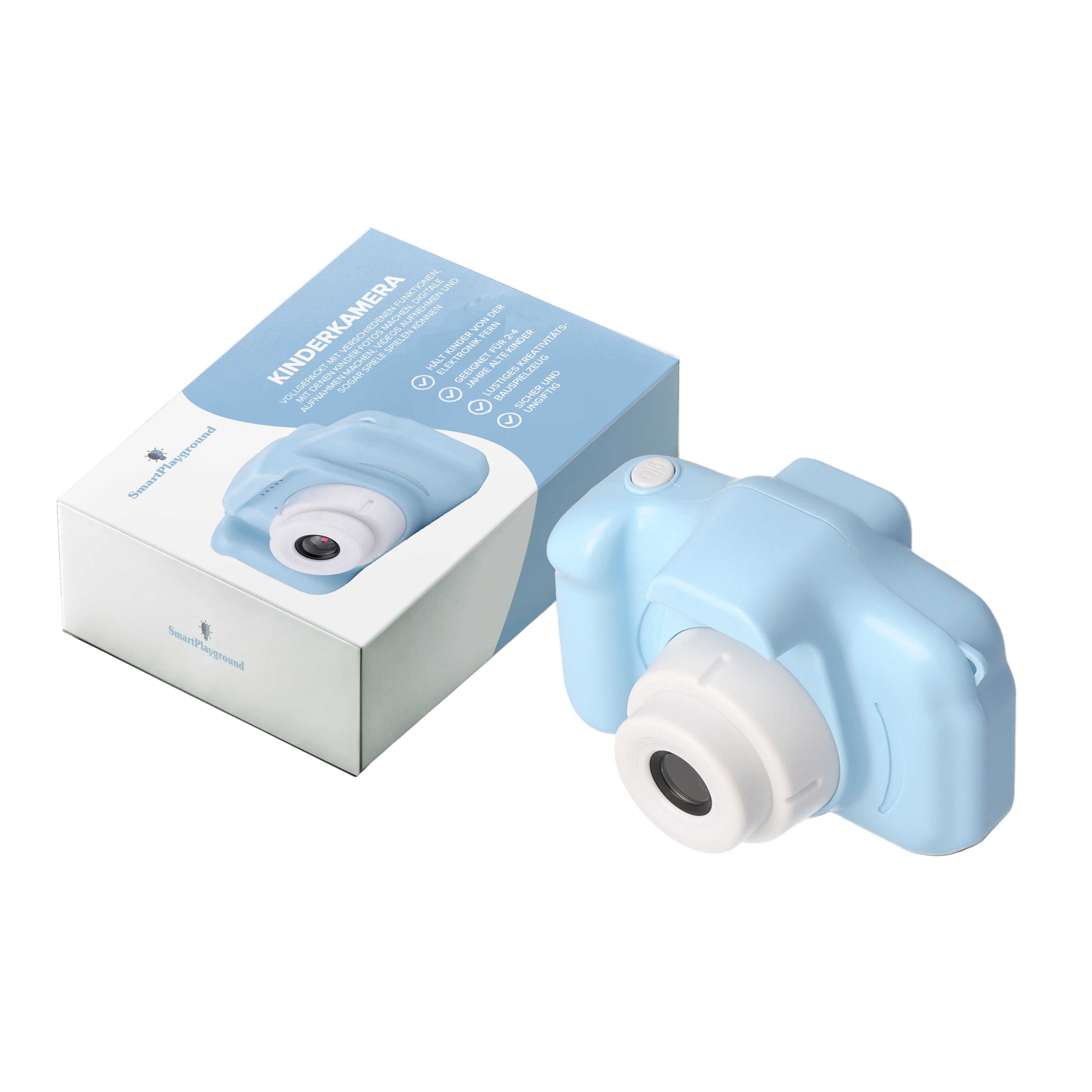 Barnekamera lilla med snor, perfekt for kreativ fotografering og lek ute, robust og barnevennlig.