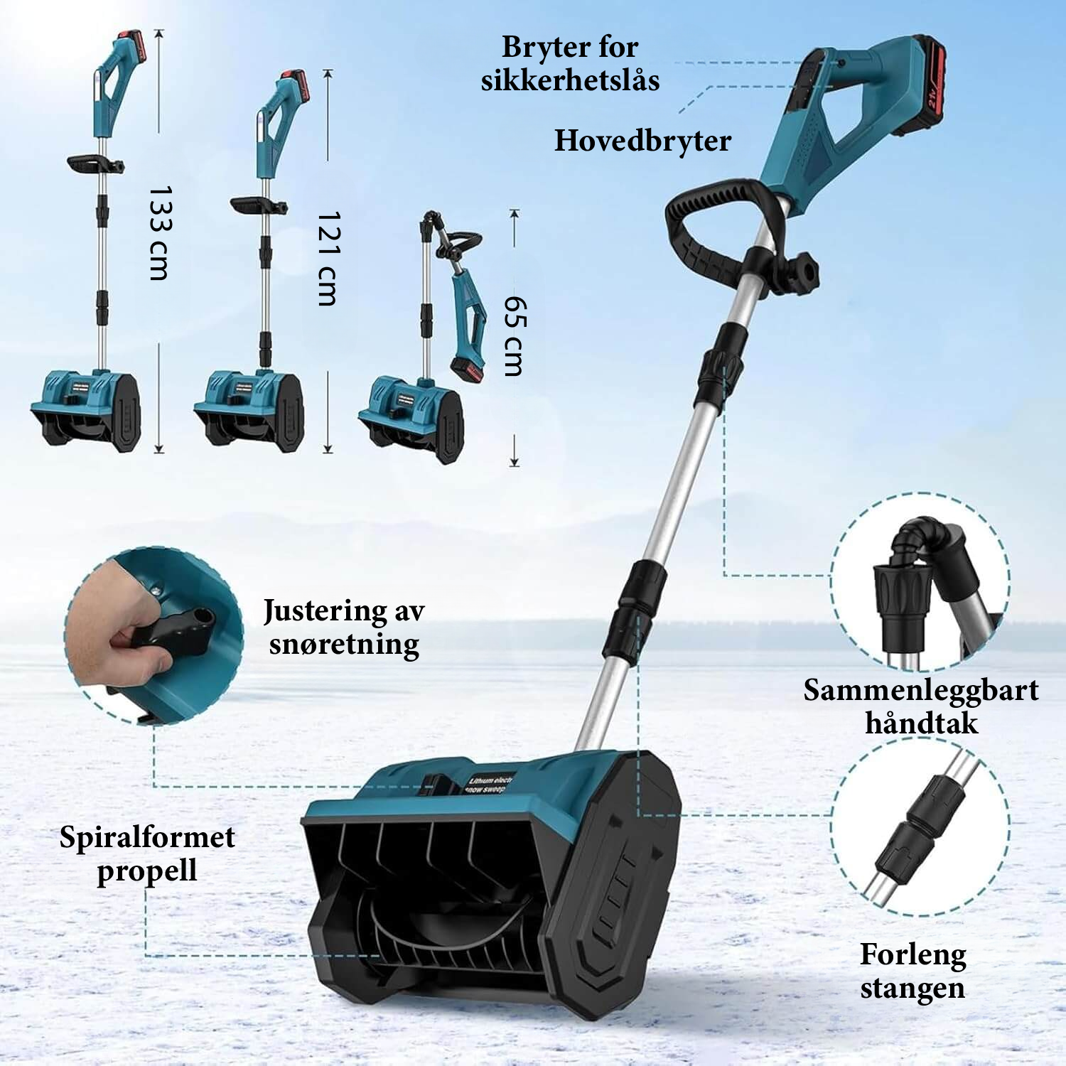 Batteridreven snøskuffe for effektiv snørydding, kompakt design, 360° justerbar deflektor for presis snøkasting.