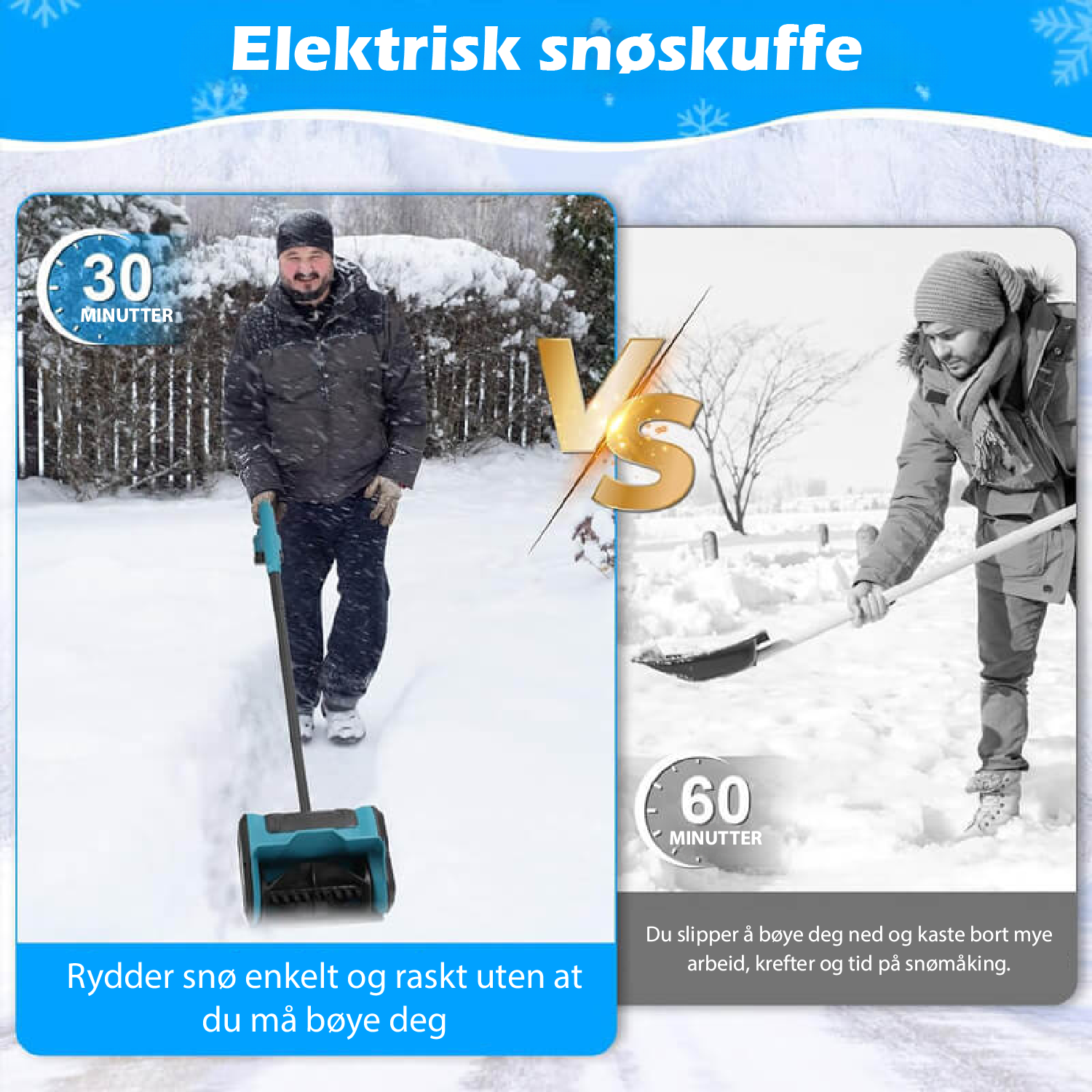 Batteridreven snøskuffe for effektiv snørydding, kompakt design, 360° justerbar deflektor for presis snøkasting.