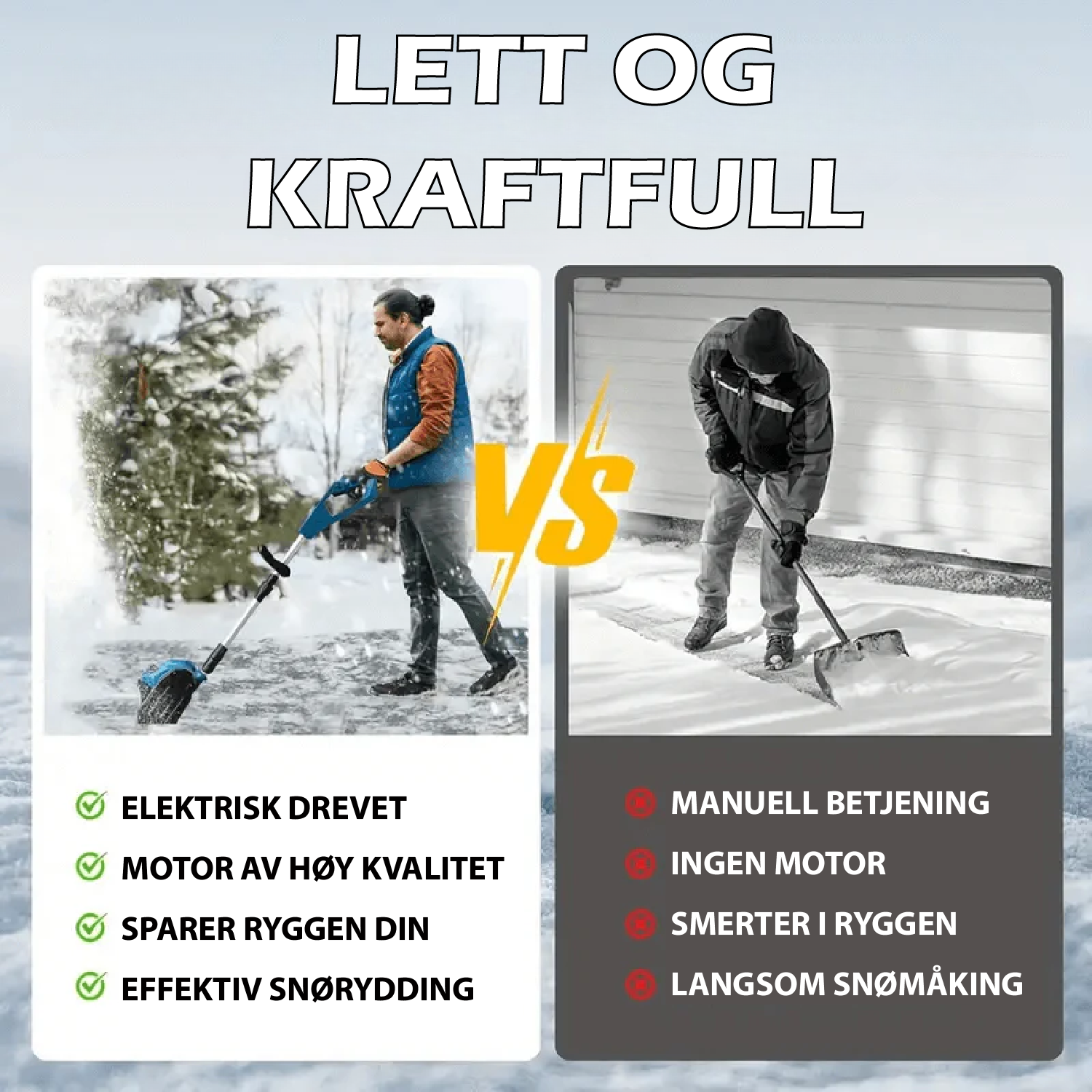 Batteridreven snøskuffe for effektiv snørydding, kompakt design, 360° justerbar deflektor for presis snøkasting.