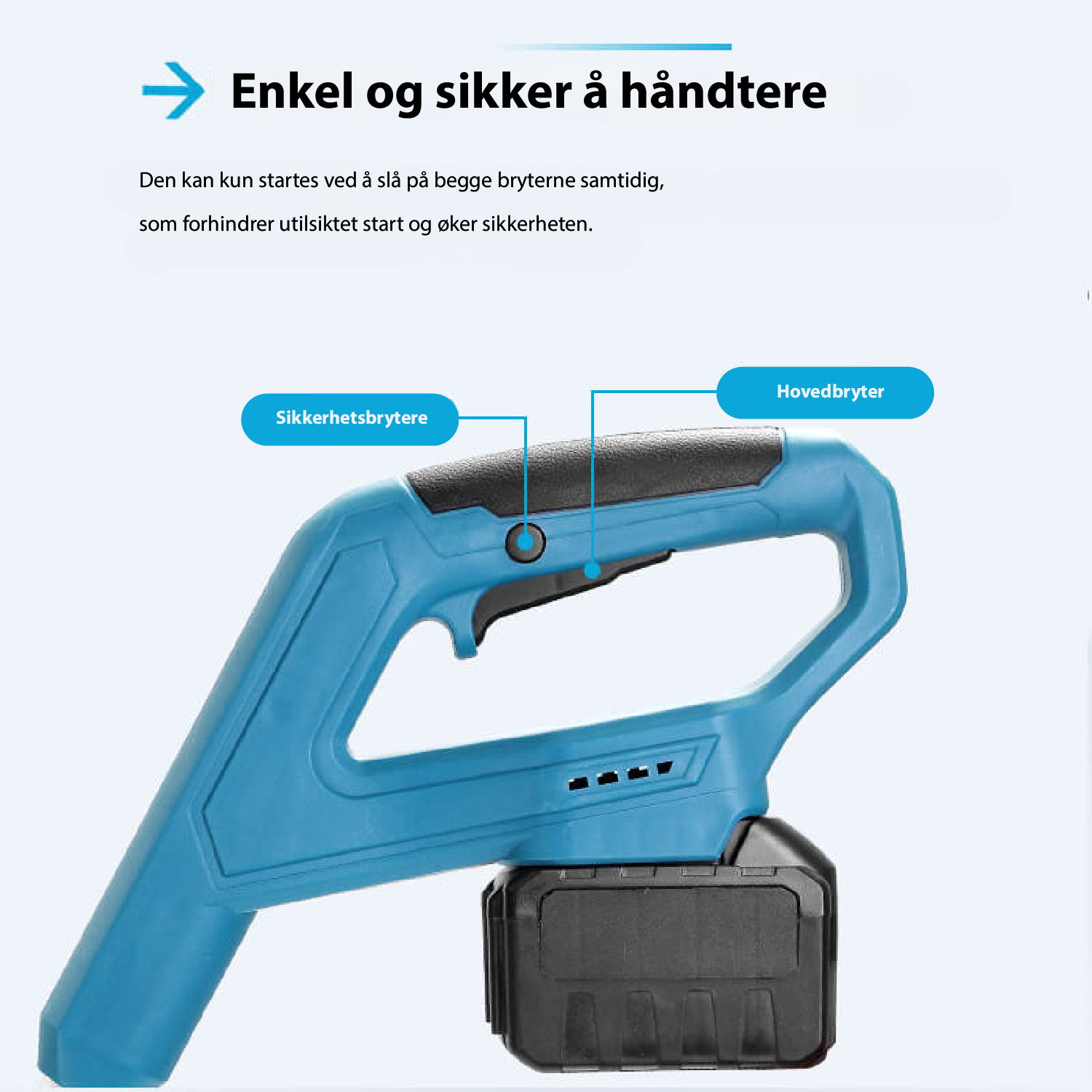 Batteridreven snøskuffe for effektiv snørydding, kompakt design, 360° justerbar deflektor for presis snøkasting.