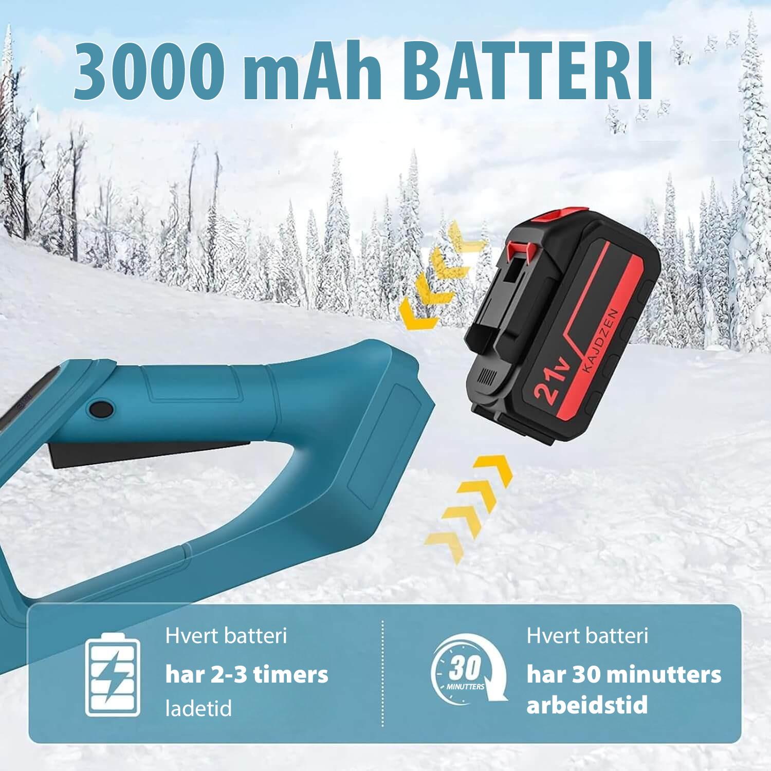 Batteridreven snøskuffe for effektiv snørydding, kompakt design, 360° justerbar deflektor for presis snøkasting.