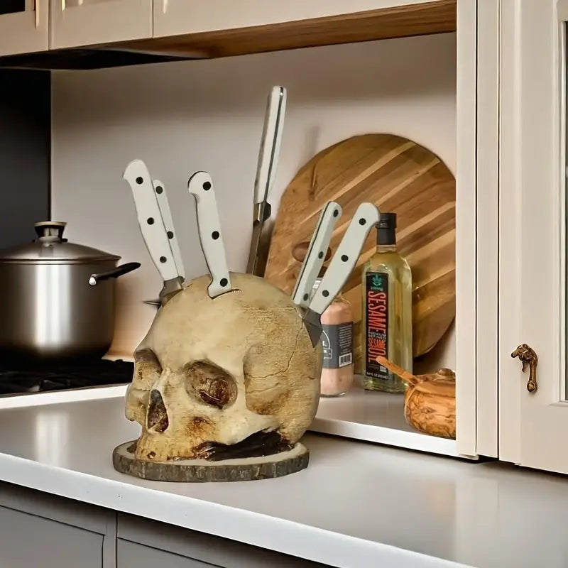 Hodeskalle knivholder i beige farge, et unikt kjøkkenutstyr som organiserer og dekorerer benken din.