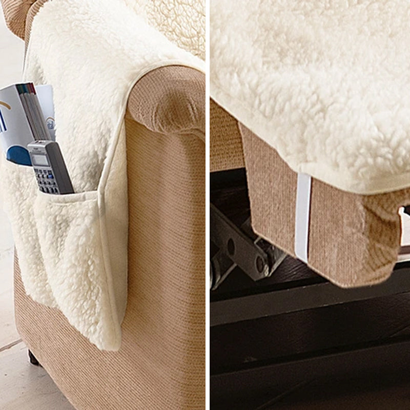 "Beige recliner stoltrekk i myk polyfleece, dekker hele stolen med lommer, beskytter mot flekker og slitasje."