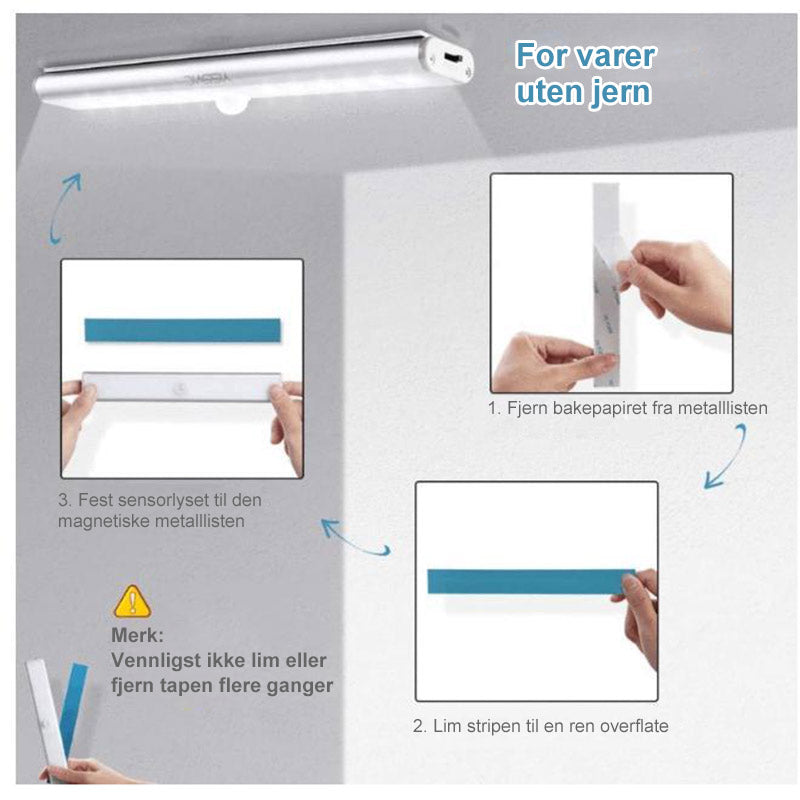 "Bevegelses-sensor LED skaplys, induksjonsdrevet, hvitt, enkel magnetisk installasjon, perfekt for hjemmets interiør."