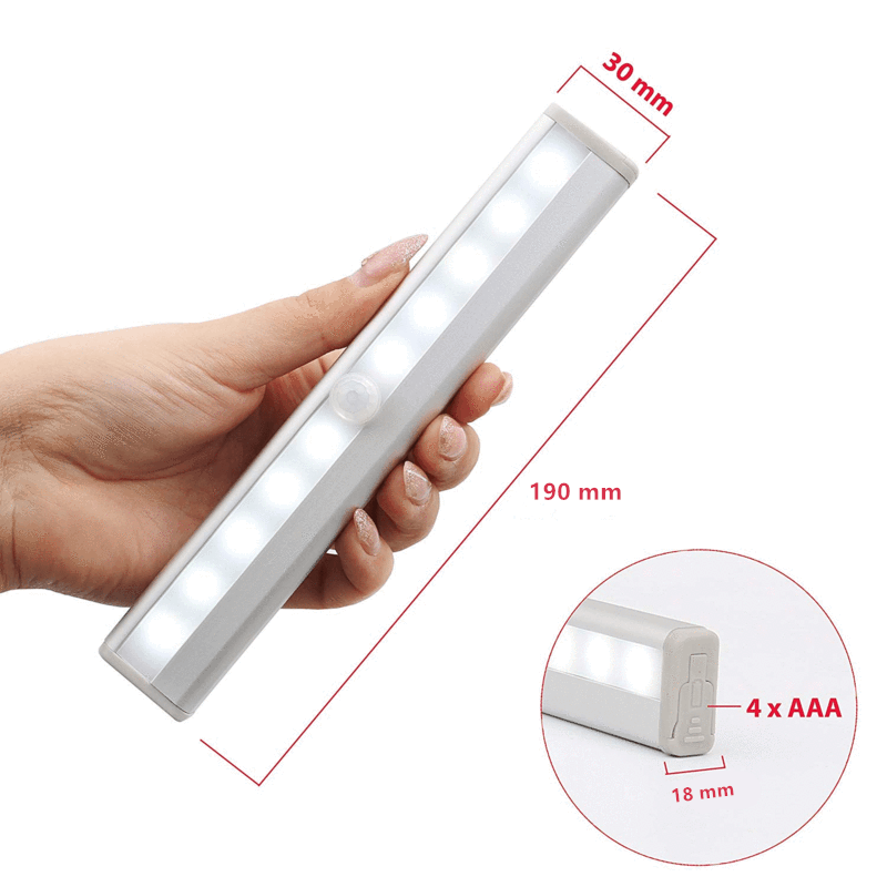 "Bevegelses-sensor LED skaplys, induksjonsdrevet, hvitt, enkel magnetisk installasjon, perfekt for hjemmets interiør."
