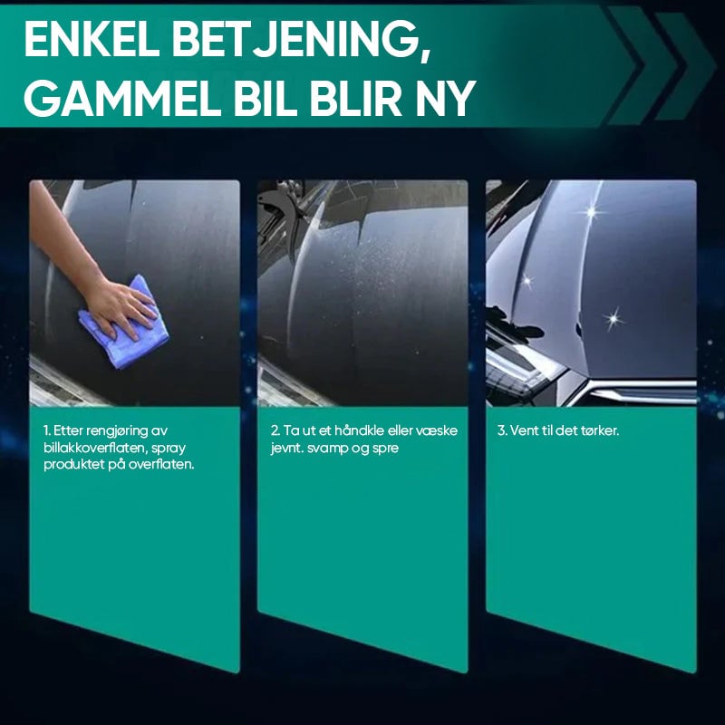 "Bilfornyelsesspray med nanoteknologi, gir langvarig glans uten vann. Perfekt for biler, båter og motorsykler."