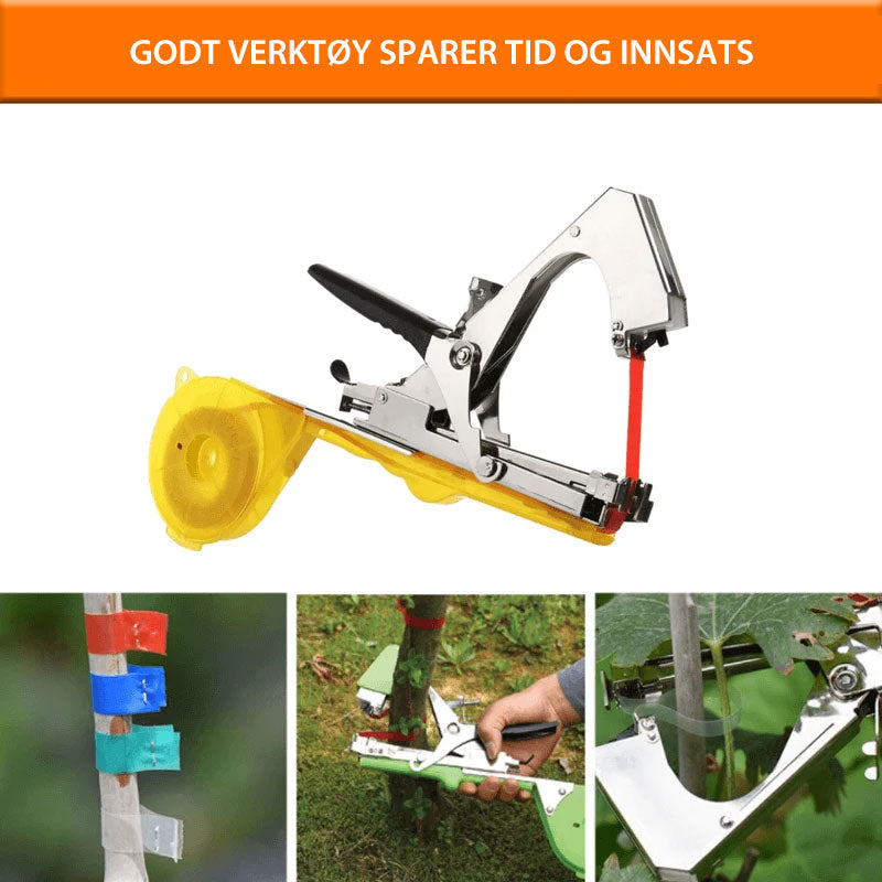 "Bindemaskin for hageanlegg med justerbar bredde, laget av rustfritt stål, ideell for å binde planter effektivt."
