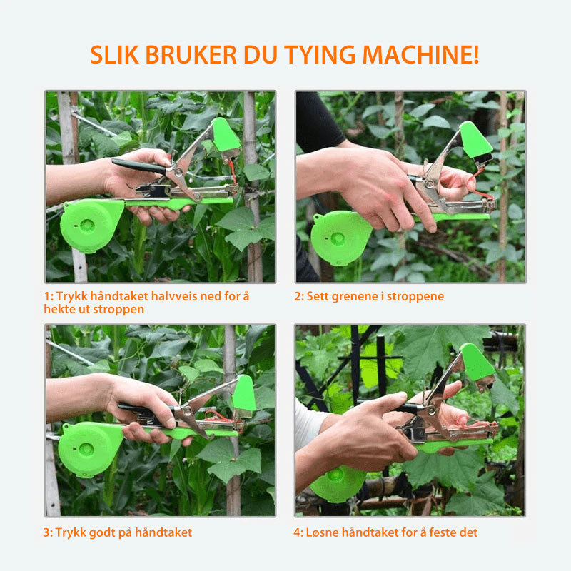 "Bindemaskin for hageanlegg med justerbar bredde, laget av rustfritt stål, ideell for å binde planter effektivt."
