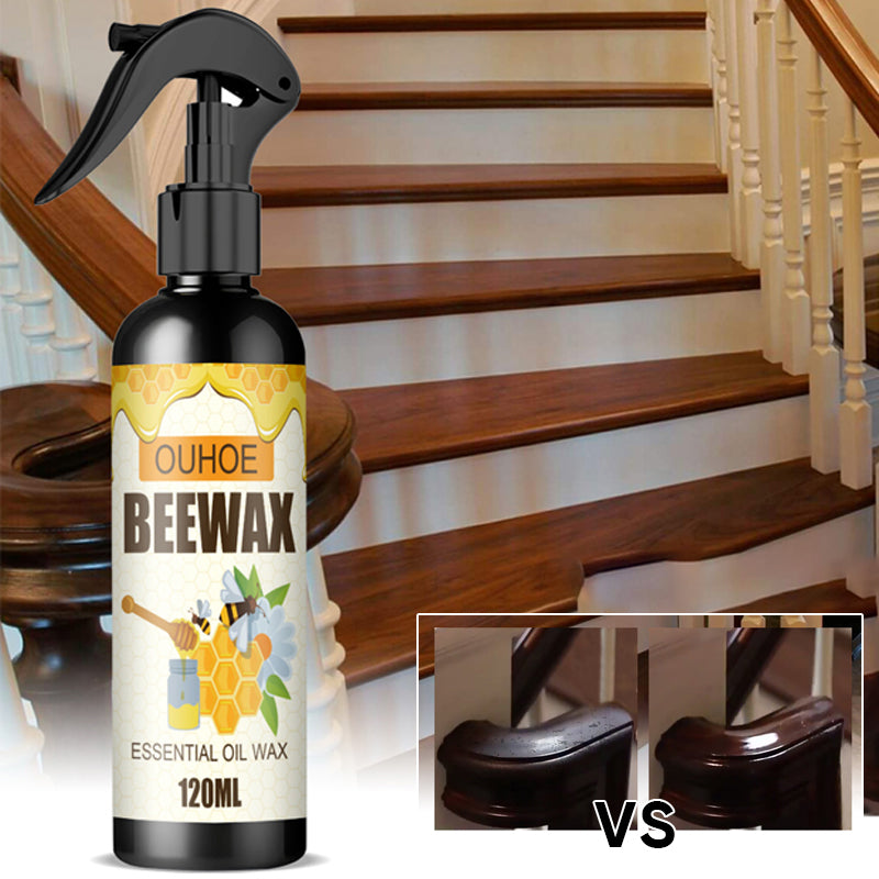 "Bivoksspray for møbelpleie, bringer glans til treoverflater, enkel sprayflaske på hvit bakgrunn."