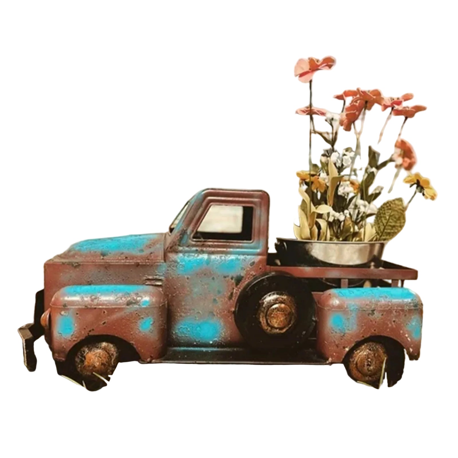 Blå rustikk gårdsbil plantekasse for innendørs og utendørs bruk. Sjarmerende hjemmedekor & blomsterpotte.