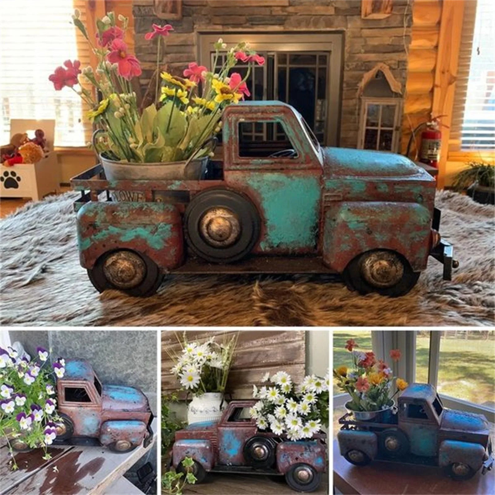 Håndlaget rustikk gårdsbil plantekasse i blått med detaljer. Perfekt dekorasjon for planter & blomster.