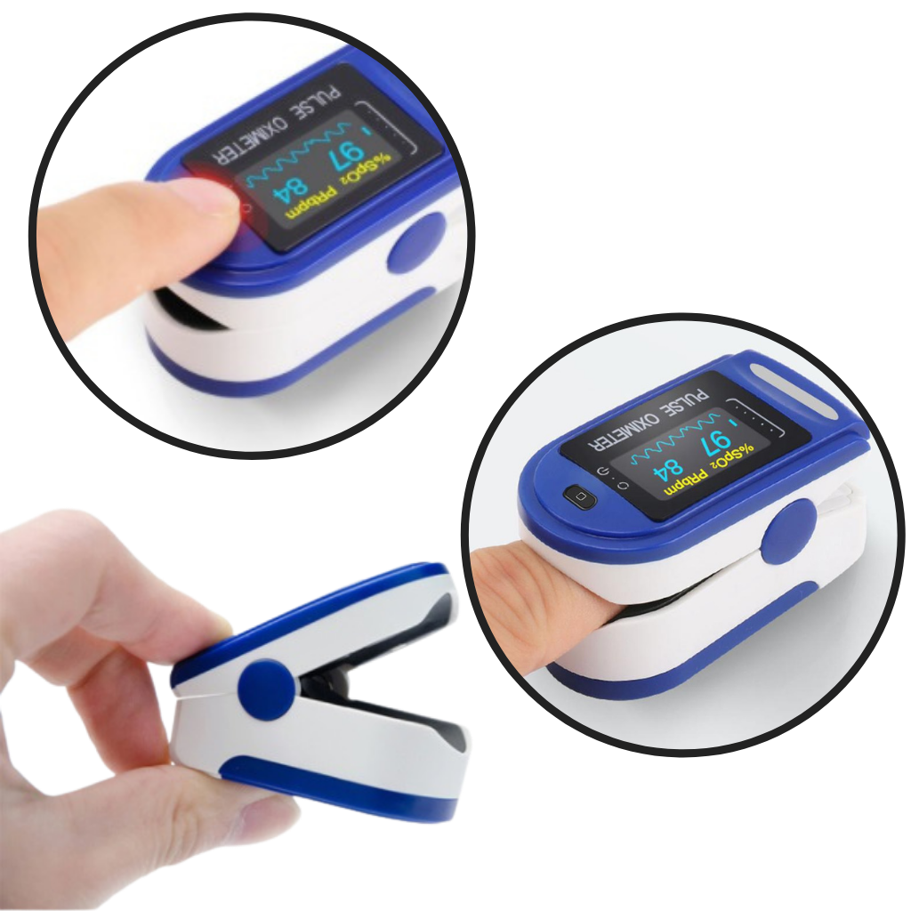 Blå digitalt fingertupp-pulsoksymeter med stor LCD-skjerm for presis oksygen- og pulsmåling. Kompakt og brukervennlig.