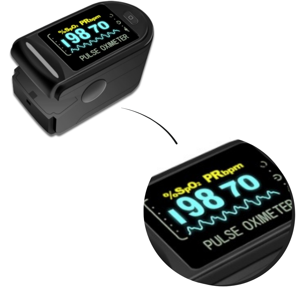 Blå digitalt fingertupp-pulsoksymeter med stor LCD-skjerm for presis oksygen- og pulsmåling. Kompakt og brukervennlig.