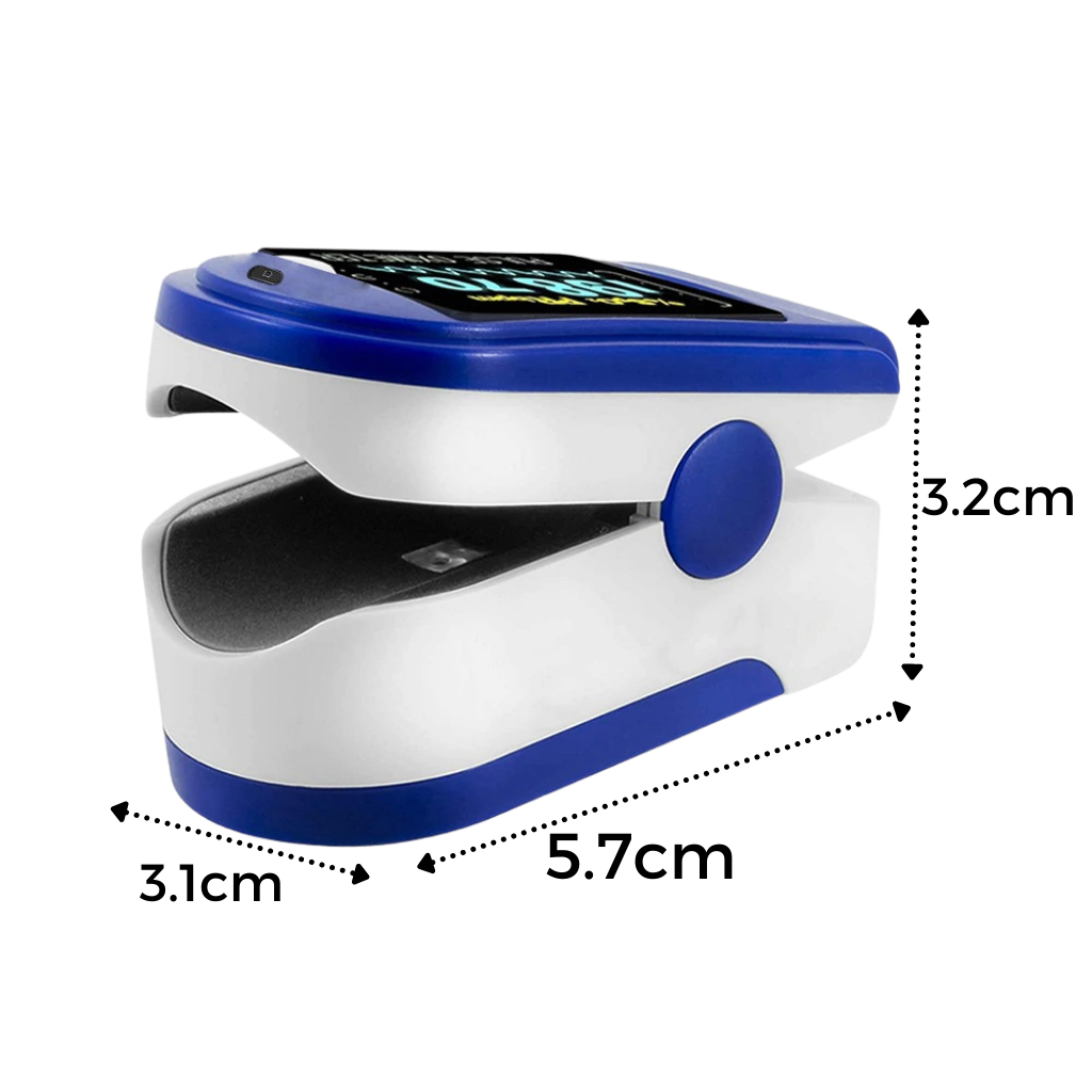 Blå digitalt fingertupp-pulsoksymeter med stor LCD-skjerm for presis oksygen- og pulsmåling. Kompakt og brukervennlig.