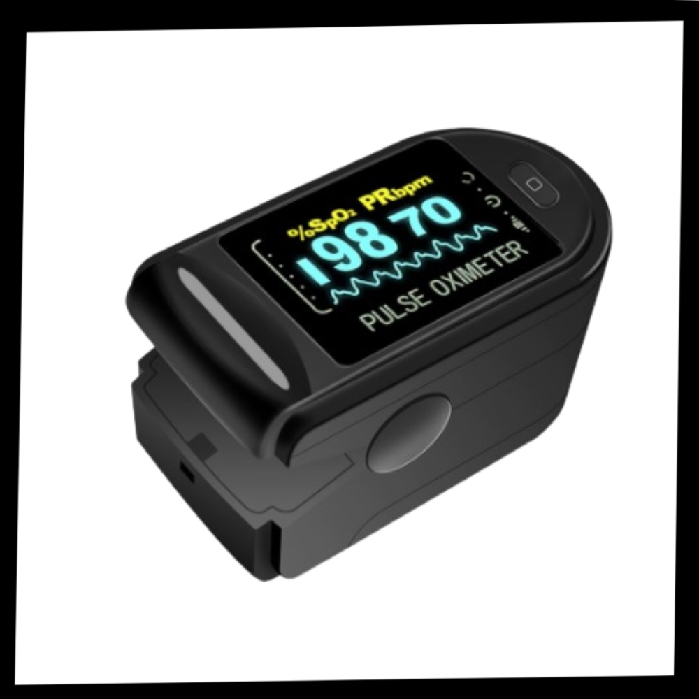 Blå digitalt fingertupp-pulsoksymeter med stor LCD-skjerm for presis oksygen- og pulsmåling. Kompakt og brukervennlig.