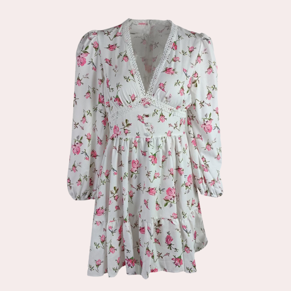 "Blomstret hvit dame sommerkjole med V-hals, elegant design, lett materiale, perfekt for varme dager."