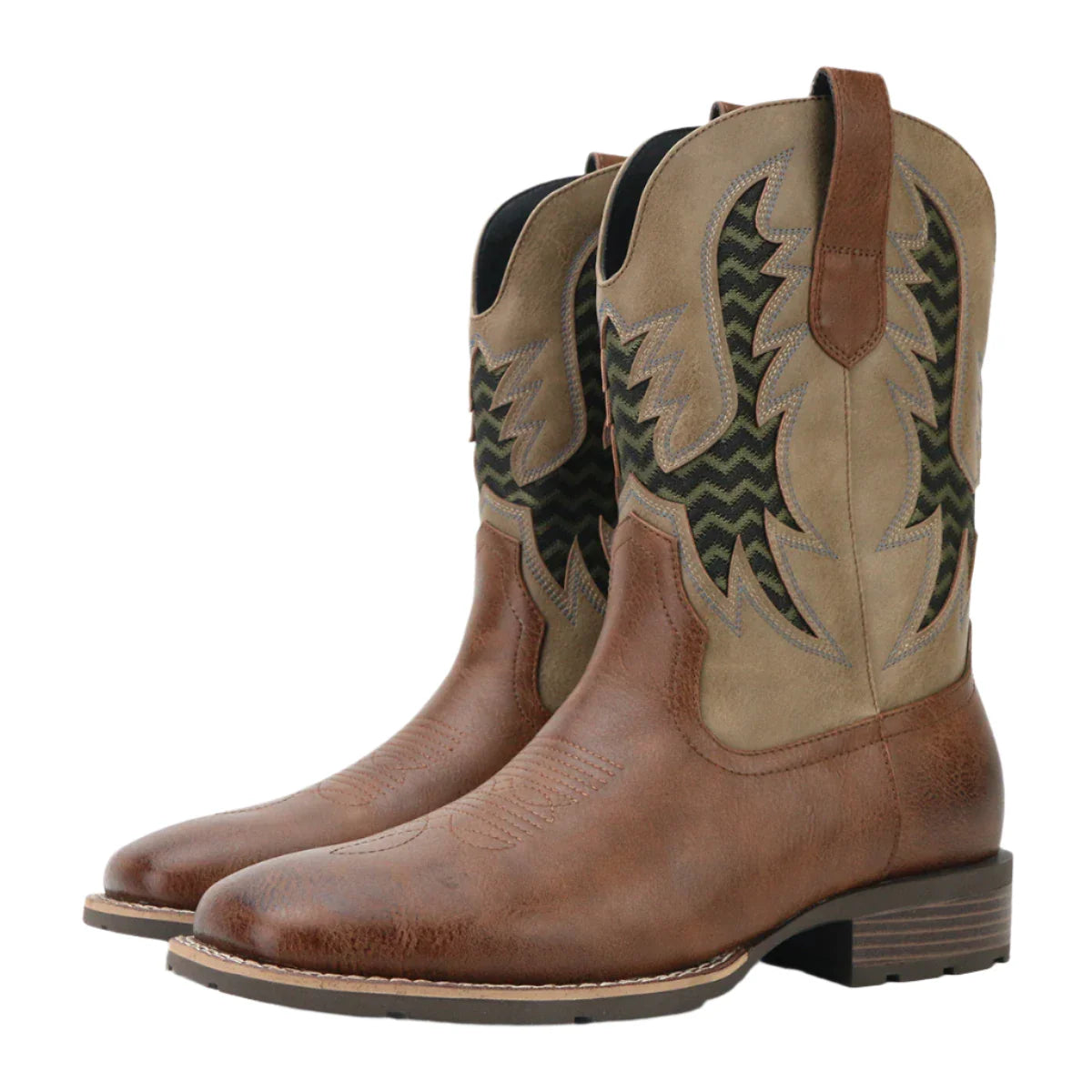 Nærbilde av broderte mønstre på skaftet av brune vintage herre cowboystøvler. Unik, stilfull detalj.