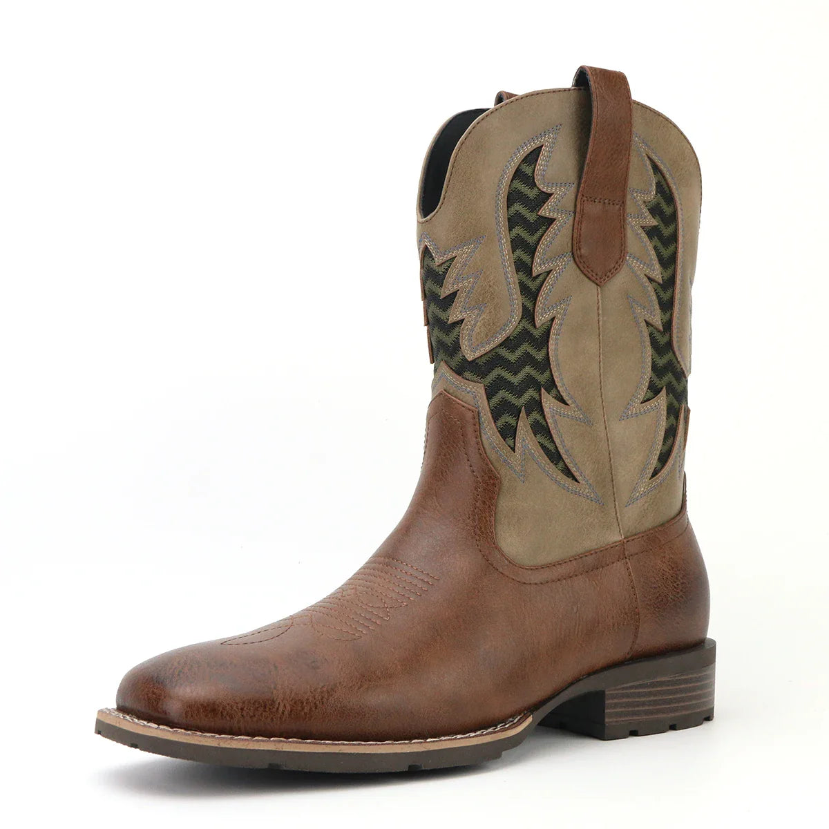 Herre cowboystøvler i brun vintage stil, med jeans. Tidløs eleganse, brodert detaljer. Komfortable fritidsboots.