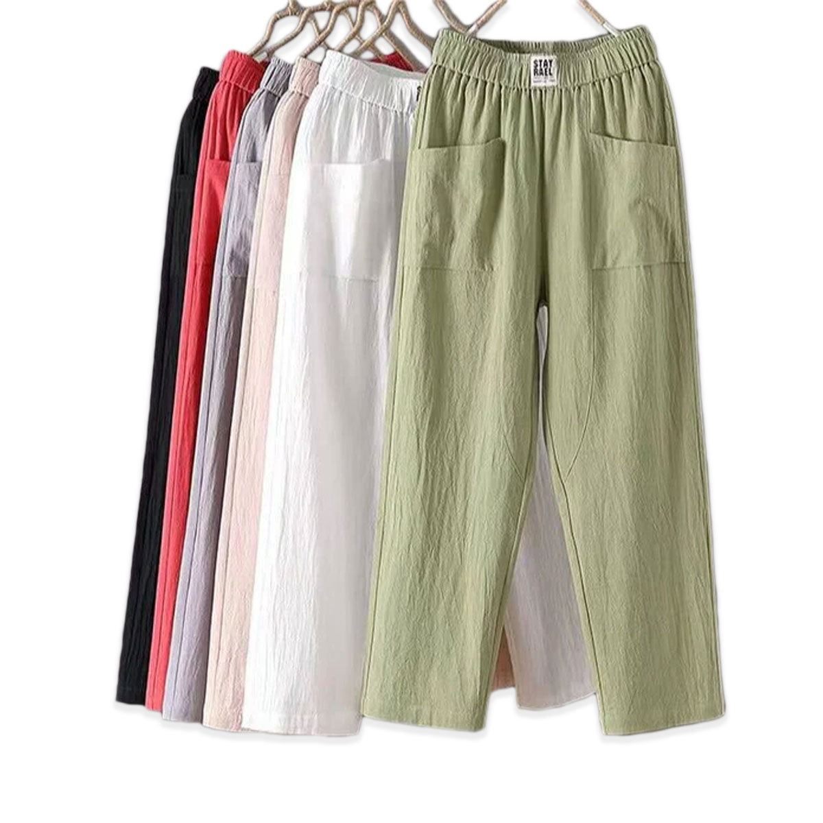 Dame baggy bukser med høy midje, løs passform i komfortabel bomull. Perfekt for fritid og casual stil.
