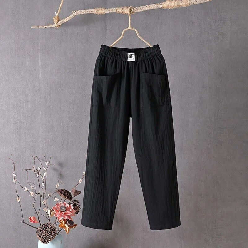 Høy midje baggy bukser for damer, avslappet passform. Komfortable motebukser for en trendy look.