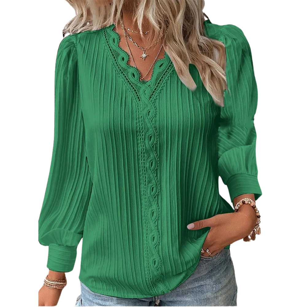 Dame blondeskjorte med V-hals. Elegant langermet bluse i blonder, perfekt for sommer og fest.