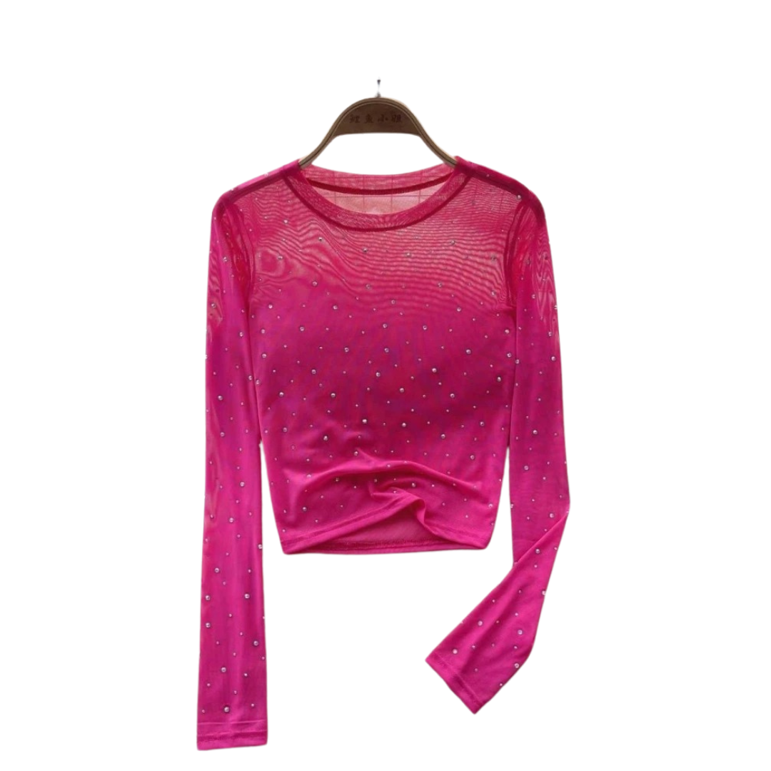 Dame festtopp, glitrende langermet crop topp med skinnende rhinestones.
