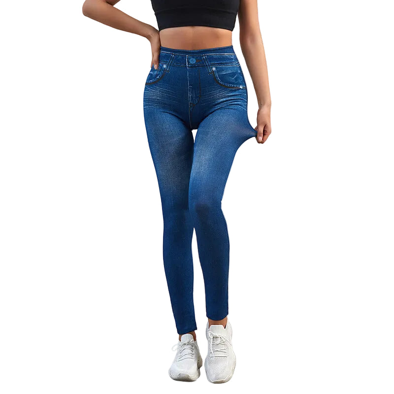 Dame jeans-leggings med høy midje, komfortabel og slankende passform for kvinner.