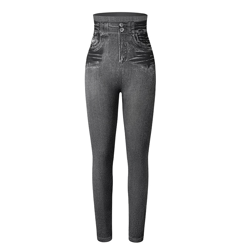 Dame jeans-leggings, høy midje, slankende og komfortabel for moderne kvinner.