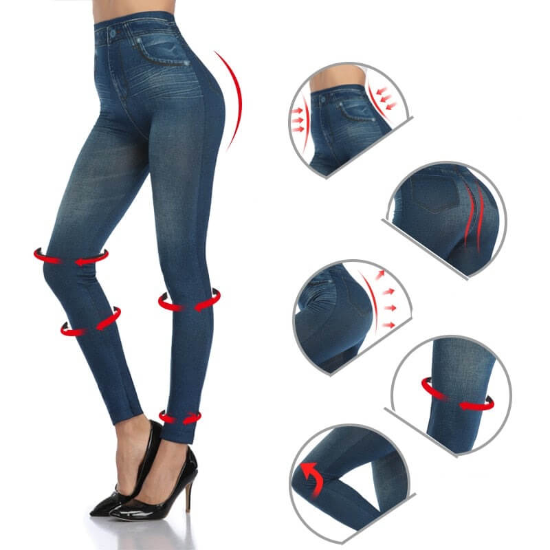 Modell iført dame jeans-leggings med høy midje. Komfortabel stil for kvinner i hverdagen.
