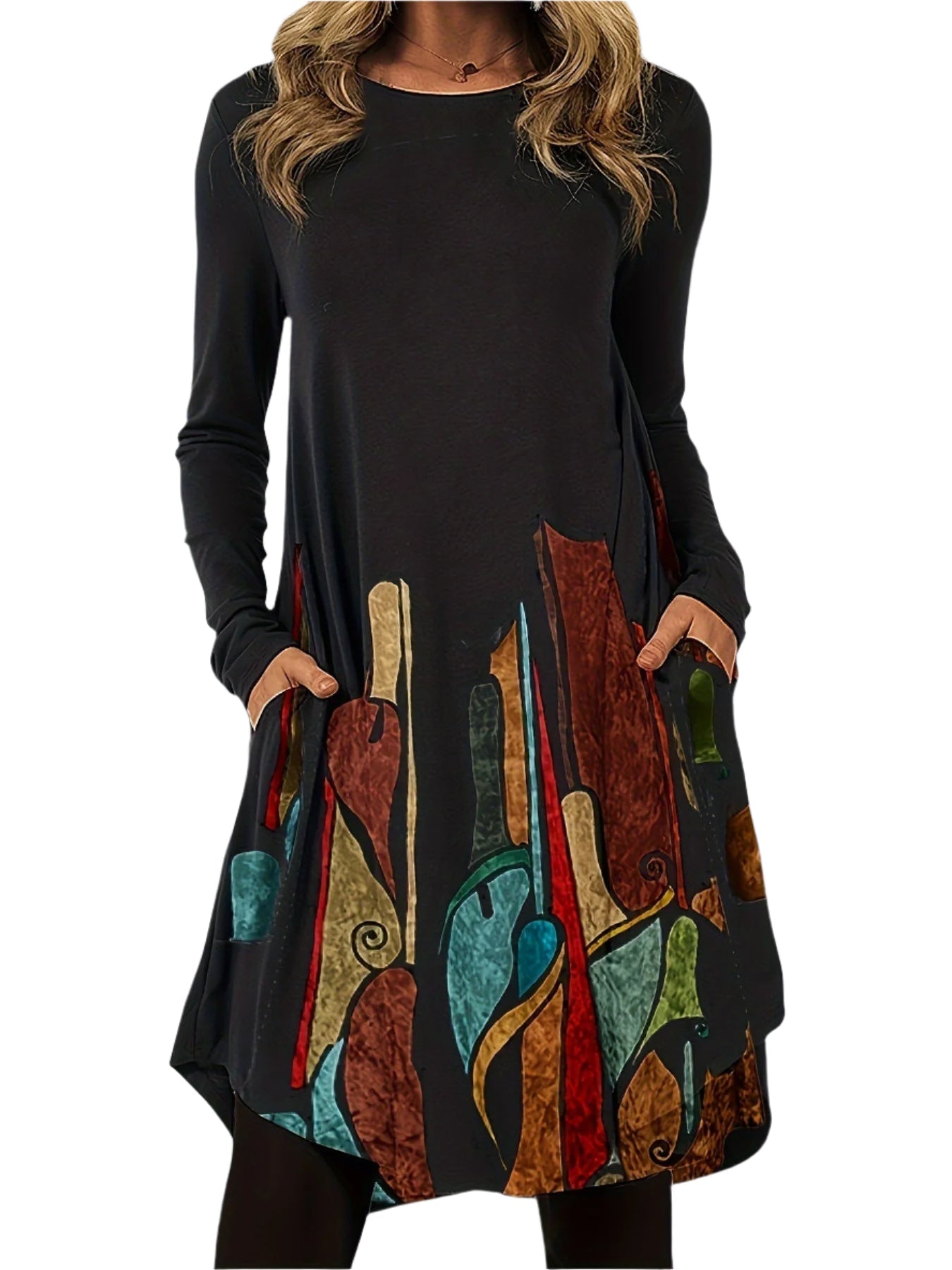 Dame midi kjole med flatterende design og kunstneriske mønstre. Elegant flerfarget kjole for kvinner.