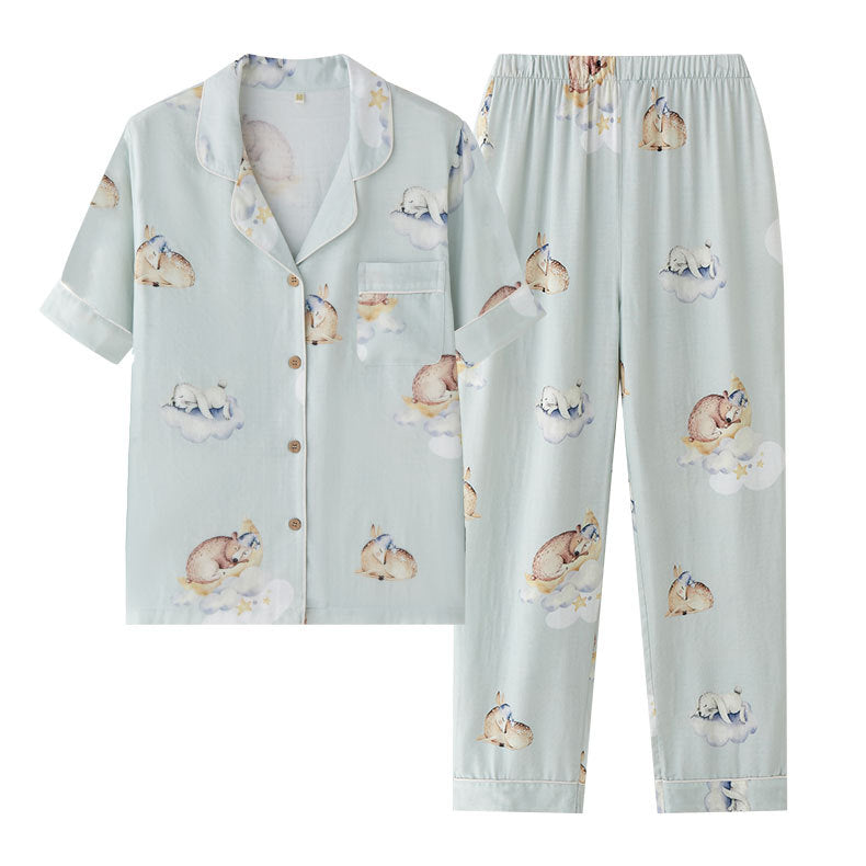 "Dame pyjamas sett med botanisk mønster, pustende stoff og elastisk midje for maksimal komfort og stil."