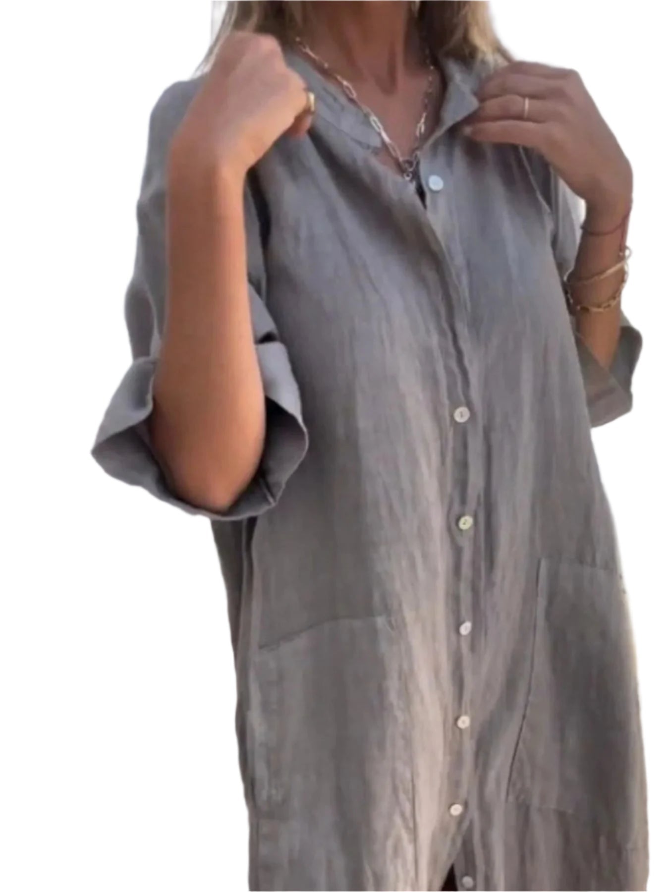 Dame skjortekjole i lin-look. Komfortabel sommerkjole med v-hals, perfekt for casual dager.