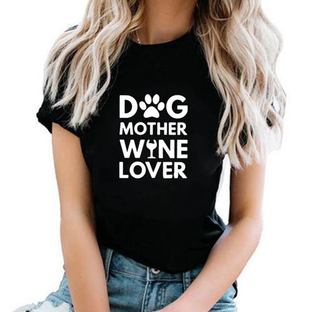 Stilig dame t-skjorte "Hund Mor Vinelsker". Casual, komfortabel og med humoristisk trykk.