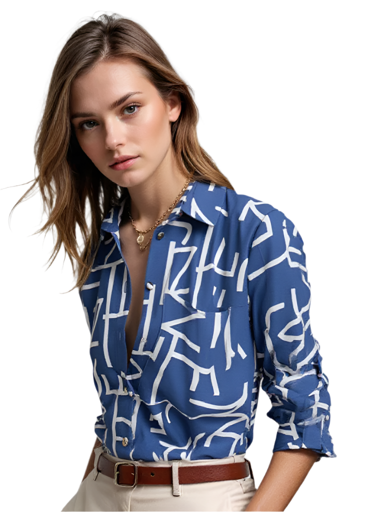 Damebluse med omslagskrage. Elegant, langermet bluse for kontor og hverdag.