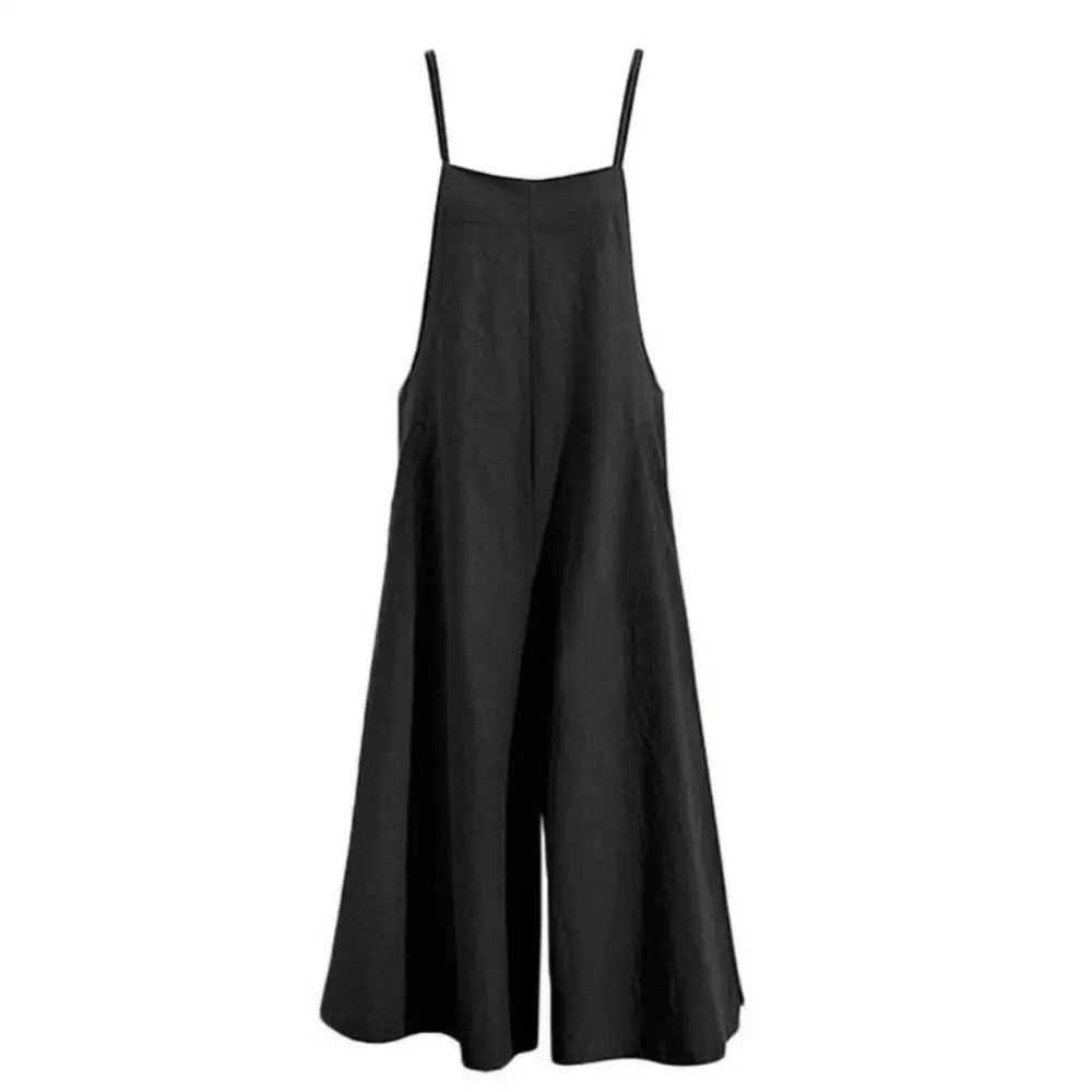 Damejumpsuit ermeløs, løs passform. Komfortabel sommeroverall for kvinner med vide ben. Perfekt for ferie.