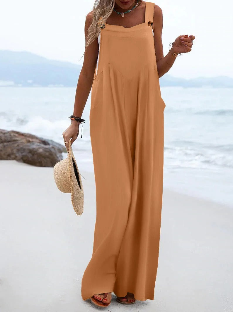 Elegant damejumpsuit med brede bukseseler, ensfarget, perfekt for en stilfull og avslappet look.