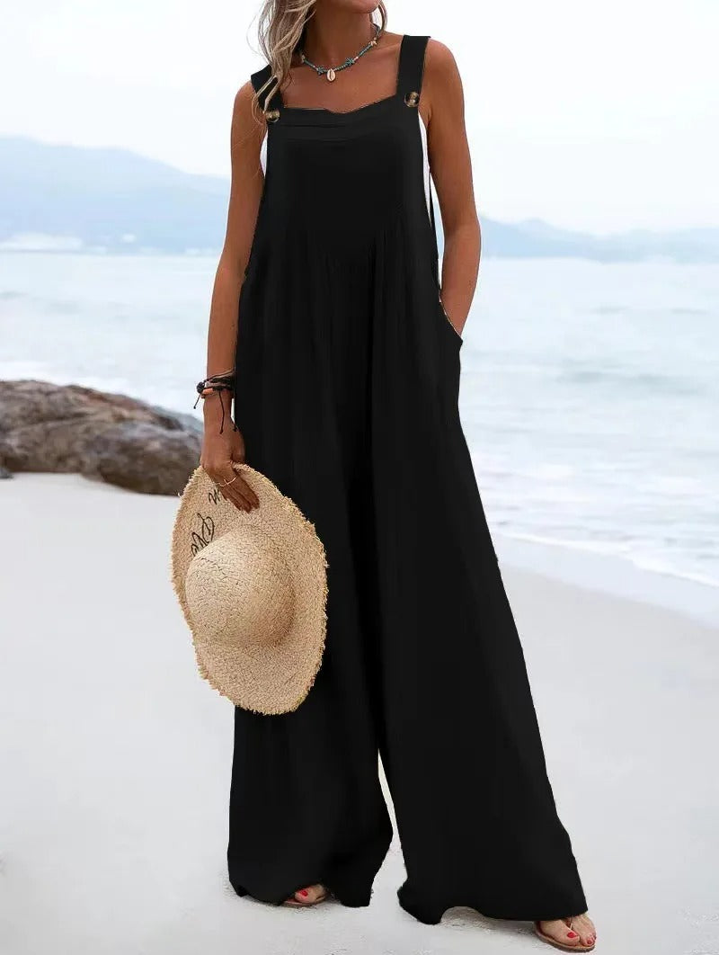 Vidbeint sommer jumpsuit for damer, med brede bukseseler, komfortabel for ferie og hverdagsmote.
