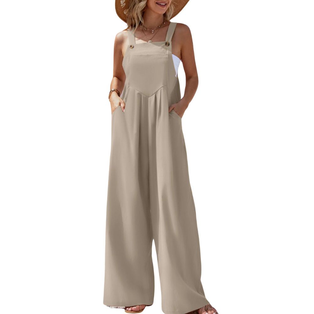 Ferie klar: Komfortabel damejumpsuit, ensfarget med brede bukseseler, elegant og avslappet.