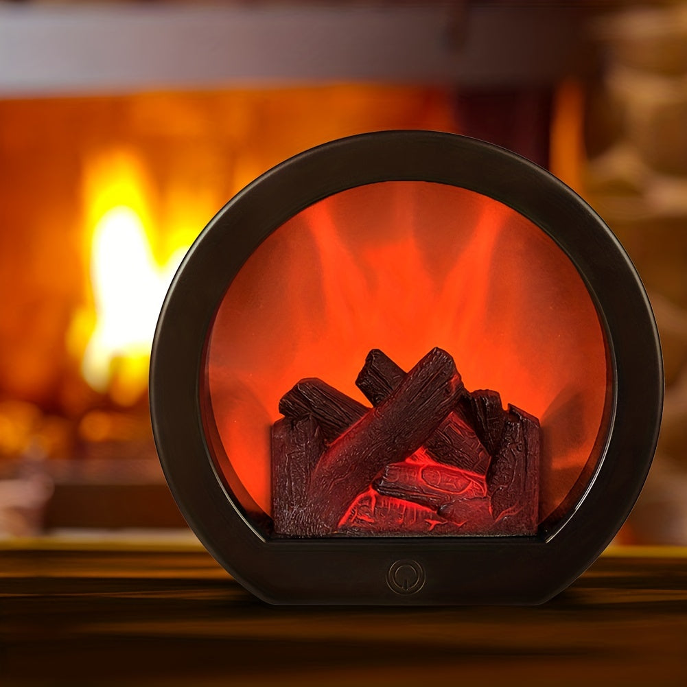 Innendørs innstilling med dekorativ flammelampe som avgir mykt, kullflammet-lignende lys for en hyggelig atmosfære.