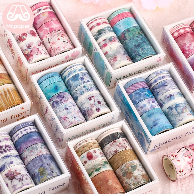 Kreativt Washi Tape-sett med unike mønstre for dekorasjon og hobby.