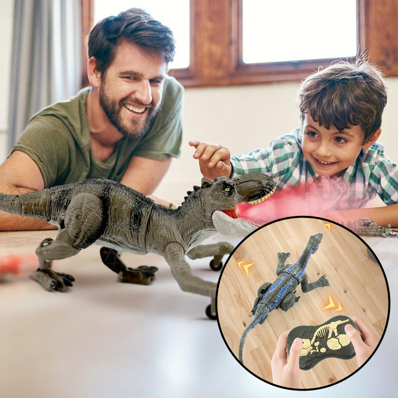 Barnehender leker med en interaktiv Cockatrice fjernstyrt dinosaur, fremhever detaljer og holdbarhet.