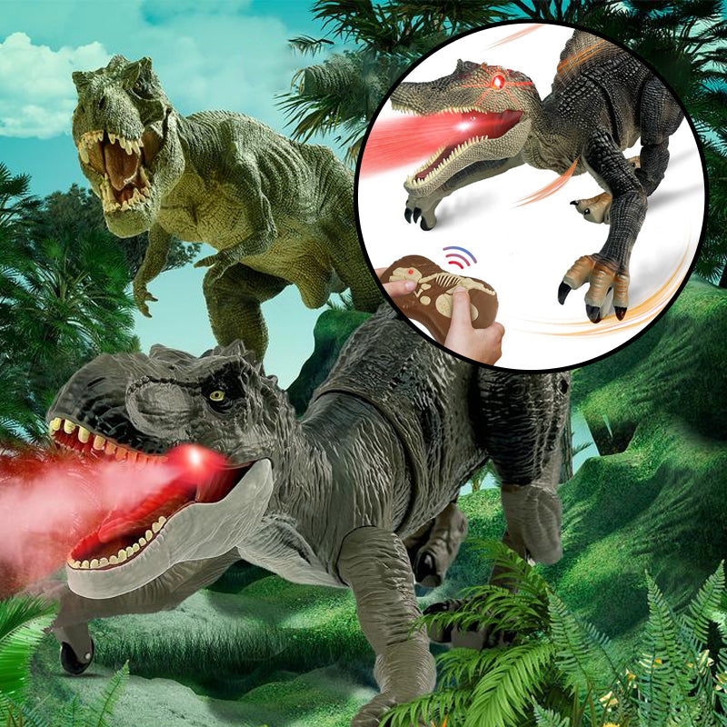 Bilde av alle tre fjernstyrte dinosaurer: Velociraptor, T-Rex og Cockatrice, med kontroller.