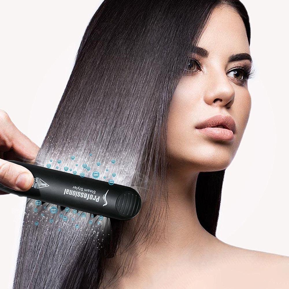 Keramisk damprettetang med alle tilbehør, inkludert vanntank, for optimal frizzfri hårstyling.